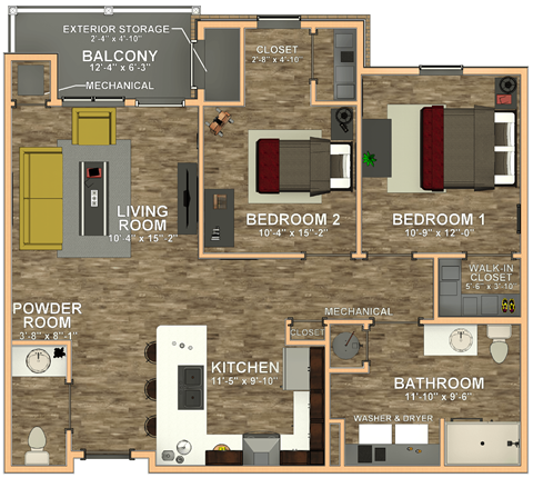 Floor plan for 2 beds, 1.5 baths, 918 sqft